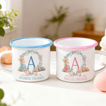 Personalised Multi-Colour Watercolor Bow Rabbit 12 oz Enamel Mug with Name and Initial Daily Use Easter Gift for Boys Girls
