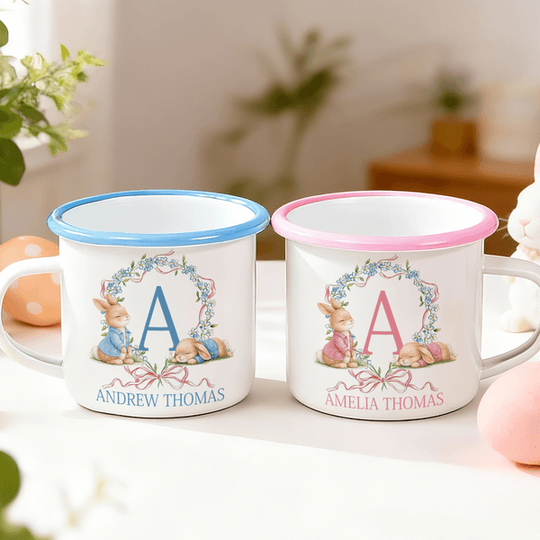 Personalised Multi-Colour Watercolour Bow Rabbit 12 oz Enamel Mug with Name and Initial Daily Use Easter Gift for Boys Girls