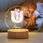 Personalised Woodland Animals Initial LED Night Light with Name and Wooden Base Forest Themed Room Decor Birthday Baby Shower Gift for Toddler Kid