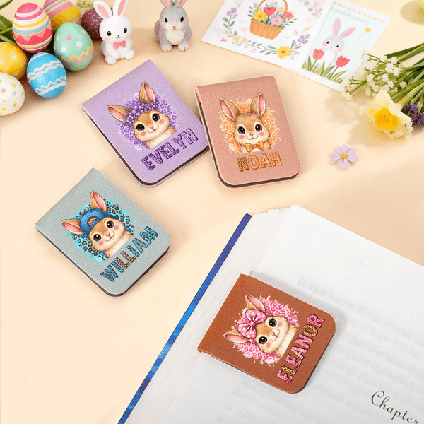 Personalized Leopard Cartoon Rabbit Multicolour Magnetic PU Leather Bookmark Clip with Name Birthday Easter Gift for Kids Bookworms
