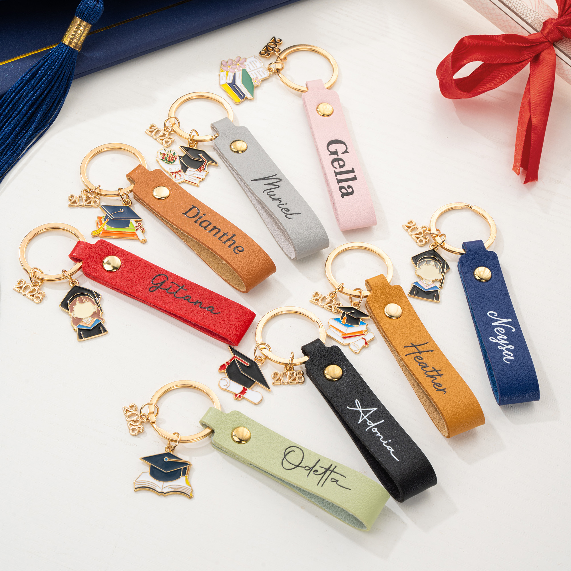 Personalised Graduation Cap Book Scroll PU Leather Keychain with Charm ...