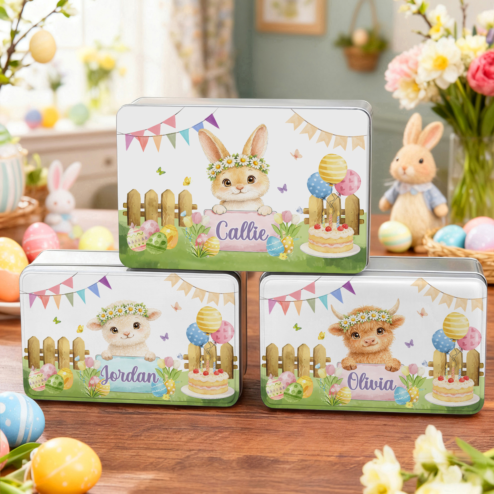 Boîte en fer blanc personnalisée avec nom pour les œufs de Pâques, les gâteaux, les animaux et les biscuits Cadeau de Pâques pour les garçons et les filles