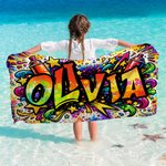 Gepersonaliseerde Muziek Sport Ster Graffiti-Art Sneldrogend Oversized Microfiber Strandlaken met Naam Strandfeest Verjaardagscadeau voor Kind Familie