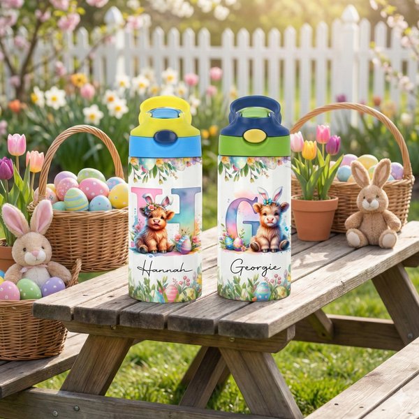 Bottiglia d'acqua isolata per bambini con nome e cannuccia Regalo di compleanno per ragazzi e ragazze per la scuola.