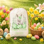 Personalized Floral Easter Bunny Egg Drawstring Canvas Treat Bag with Name Easter Egg Hunt Party Gift for Kids