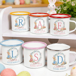 Personalised Multi-Colour Watercolor Bow Rabbit 12 oz Enamel Mug with Name and Initial Daily Use Easter Gift for Boys Girls