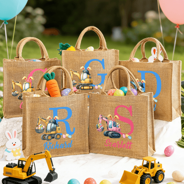 Personalized Excavator Easter Egg Bunny Ears Jute Tote Bag with Initial and Name Egg Hunting Accessories Easter Gift for Kids