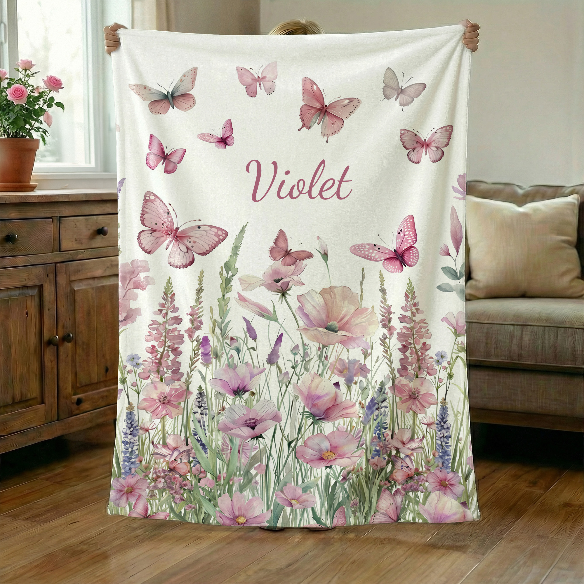 Couverture Personnalisée Rose Wildflower Butterfly Soft Baby Blanket with Name Home Decor Birthday Baby Shower Gift for Newborns Girls (en anglais)
