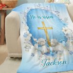 Personalised He Is Risen Cross Sheep Soft Throw Blanket with Name Home Decor Egg Hunting Easter Gift for Kids