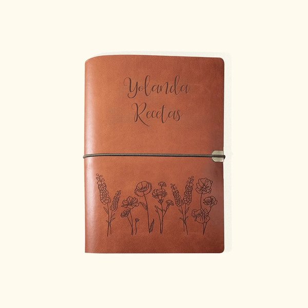 Cuaderno de recetas personalizado con tapa de cuero diseño de flores y hojas banda elástica regalo del Día de la Madre y cumpleaños para mujeres