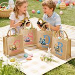 Personalized Excavator Easter Egg Bunny Ears Jute Tote Bag with Initial and Name Egg Hunting Accessories Easter Gift for Kids