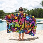 Gepersonaliseerde Muziek Sport Ster Graffiti-Art Sneldrogend Oversized Microfiber Strandlaken met Naam Strandfeest Verjaardagscadeau voor Kind Familie