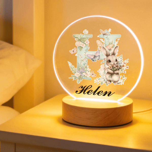 Personalisierte Blume Kaninchen Initiale LED-Nachtlicht mit Namen und hölzerne Basis Raumdekoration Geburtstag Ostern Party Favor Geschenk für Kinder
