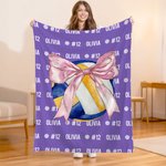 Personalized Bow Volleyball Softball Multicolor Soft Throw Blanket with Name and Number Birthday Gift for Ball Sports Lovers Girls