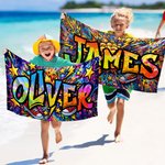 Gepersonaliseerde Muziek Sport Ster Graffiti-Art Sneldrogend Oversized Microfiber Strandlaken met Naam Strandfeest Verjaardagscadeau voor Kind Familie