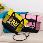 Personalised Cartoon Doctor Nurse Character Large Capacity Oxford Tote Bag with Name and Mesh Pockets Appreciation Birthday Gift for Medical Staff