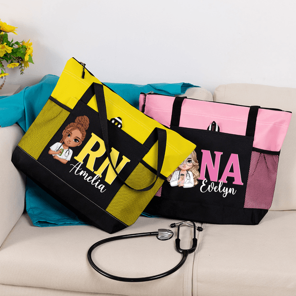 Personalised Cartoon Doctor Nurse Character Large Capacity Oxford Tote Bag with Name and Mesh Pockets Appreciation Birthday Gift for Medical Staff