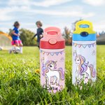 Personalised Fantasy Unicorn Rainbow Star 12 oz Insulated Water Bottle with Name and Silicone Straw Daily Use Birthday Back to School Gift for Girls