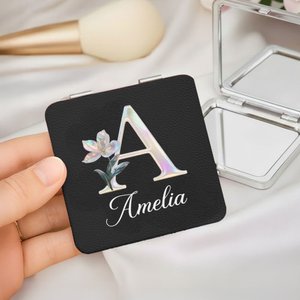 Personalised Pearl Effect Birth Flower Double-Sided 1X 2X Makeup Pocket Mirror with Name and Initial Anniversary Birthday Gift for Women