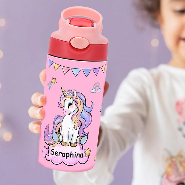 Personalised Fantasy Unicorn Rainbow Star 12 oz Insulated Water Bottle with Name and Silicone Straw Daily Use Birthday Back to School Gift for Girls