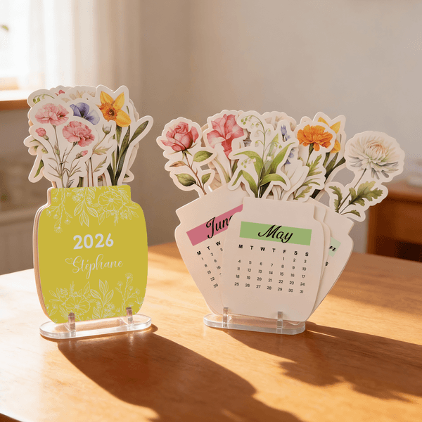 Personalised Watercolor Birth Flower 2026 Desk Calendar with Text and Acrylic Base Home Decor Birthday Gift for Family Friends