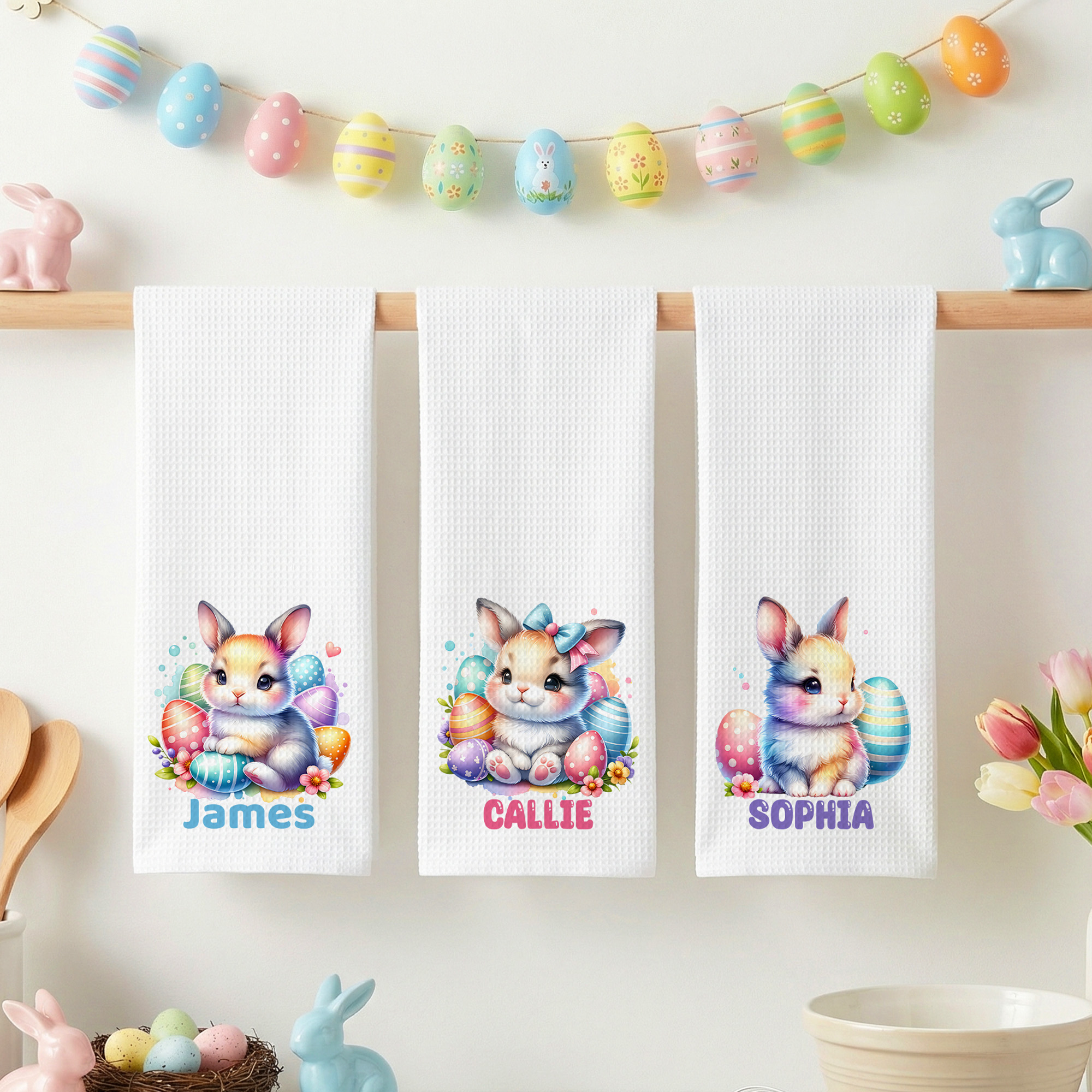 Torchon gaufré super absorbant personnalisé avec nom Décor de cuisine Cadeau de Pâques pour garçons filles