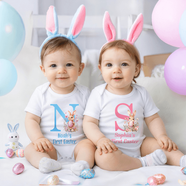 Personalized Easter Bunny Initial 100% Cotton Baby Bodysuit with Name Easter Party Gift for Kids Boys Girls