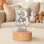 Conejito de Pascua personalizado con iniciales en acuarela Huevos florales Luz nocturna LED acrílica con nombre y base de madera Decoración de guardería Regalo de Pascua para niños