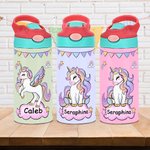Personalised Fantasy Unicorn Rainbow Star 12 oz Insulated Water Bottle with Name and Silicone Straw Daily Use Birthday Back to School Gift for Girls