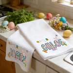 Personalized Easter Bunny Egg Flower Carrot Waffle Tea Towel with Name Kitchen Decor Easter Party Gift for Boys Girls Family