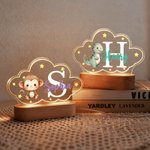 Personalised Cute Animals Star Cloud Style Acrylic LED Night Light with Name and Wooden Base Nursery Decor Birthday Anniversary Gift for Kid Newborn