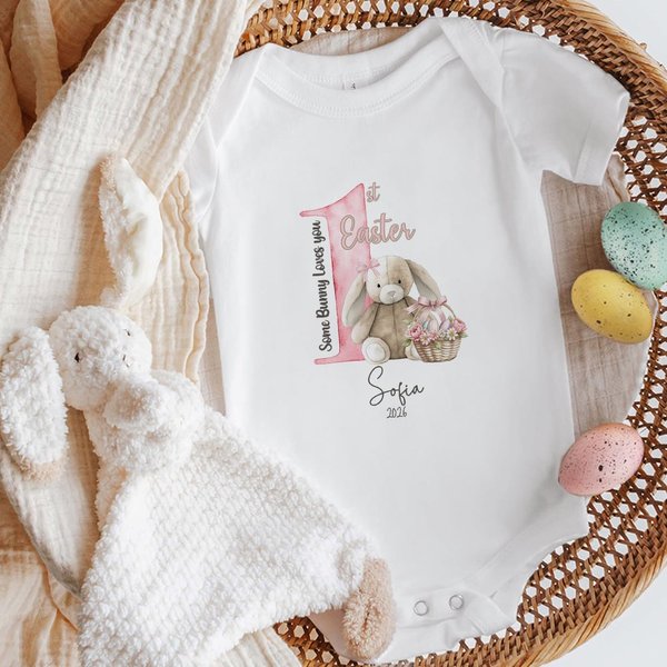 Personalized Some Bunny Loves You 1st Easter Soft Baby Bodysuit Receiving Blanket Swaddle Hat Set with Name Birthday Baby Shower Gift for Newborns