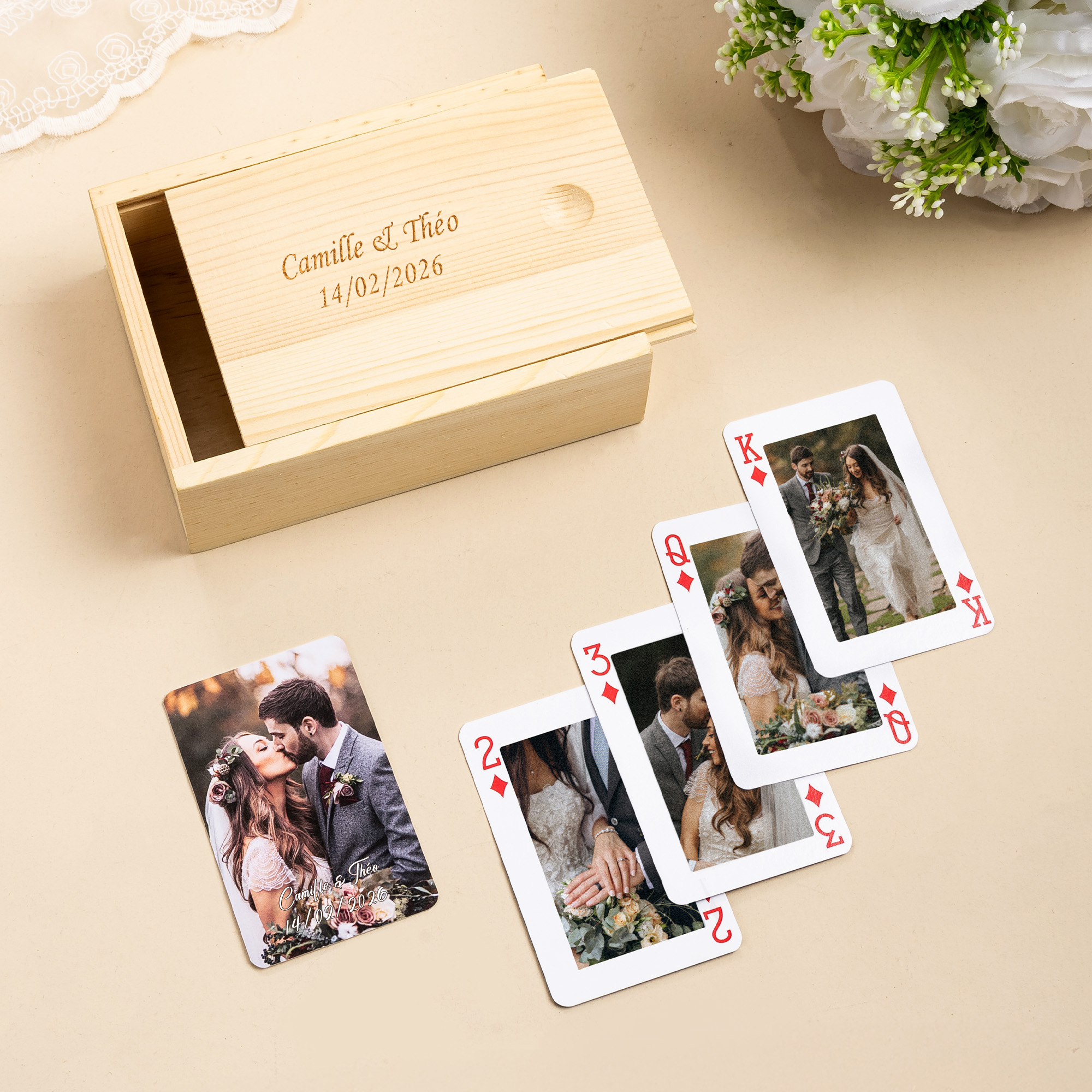 Carte à jouer personnalisée avec photo nom et date - Boîte de rangement à choix - Cadeau fête de famille Saint-Valentin pour couple amis famille