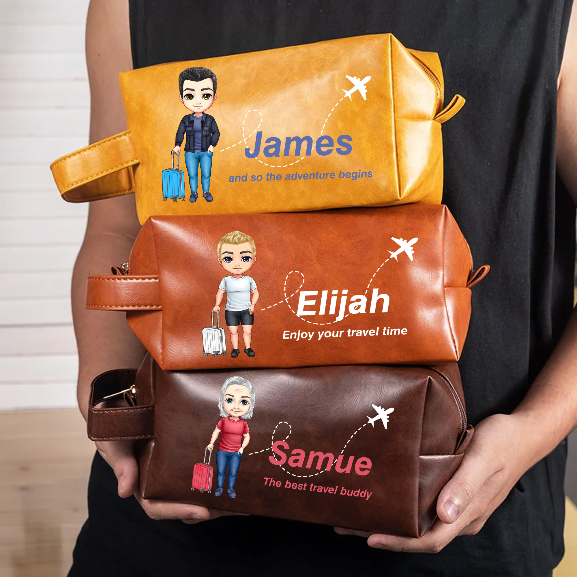 Trousse de toilette personnalisée en cuir PU avec nom et texte Accessoires de voyage Cadeau d'anniversaire pour homme père