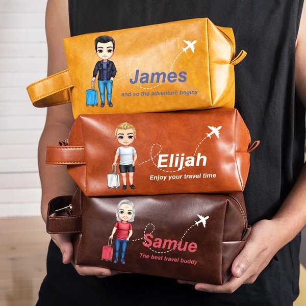 Personalised Cartoon Man Character Airplane PU Leather Toiletry Bag with Name and Text Travel Accessories Birthday Gift for Man Father