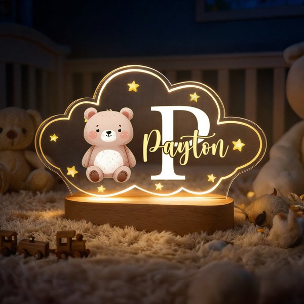 Personalised Cute Animals Star Cloud Style Acrylic LED Night Light with Name and Wooden Base Nursery Decor Birthday Anniversary Gift for Kid Newborn
