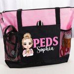 Personalised Cartoon Doctor Nurse Character Large Capacity Oxford Tote Bag with Name and Mesh Pockets Appreciation Birthday Gift for Medical Staff