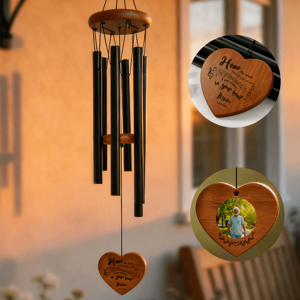 Personalised Photo Heart Wooden Wind Chimes with Text and Date Memorial Ornament Sympathy Gift for Loss of Dad Mom