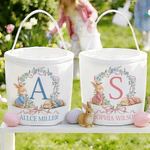 Personalized Bow Flower Cartoon Rabbit Easter Basket with Name and Initial Daily Use Easter Gift for Boys Girls