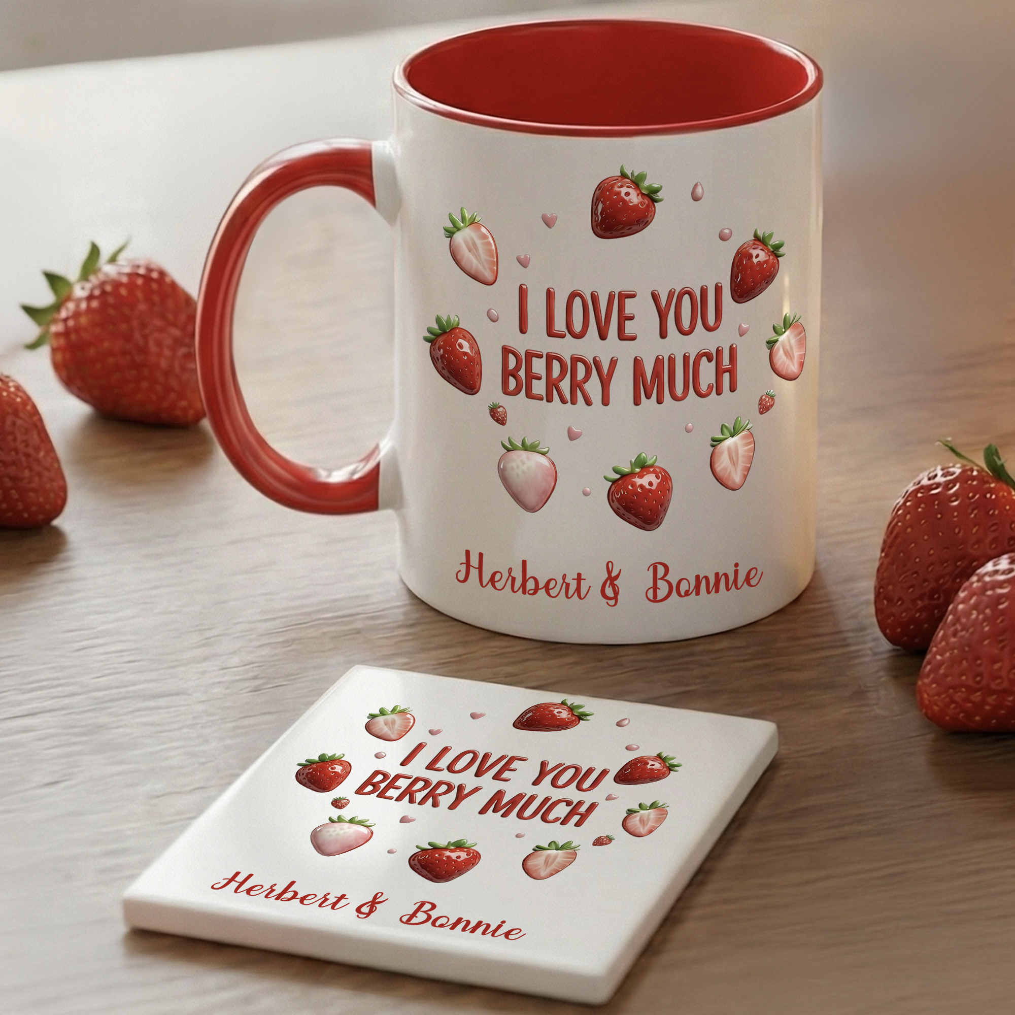 Tasse en céramique personnalisée I Love You Berry Much Strawberry Design 11 oz 15 oz avec nom et sous-verre Cadeau d'anniversaire pour couple à la Saint-Valentin