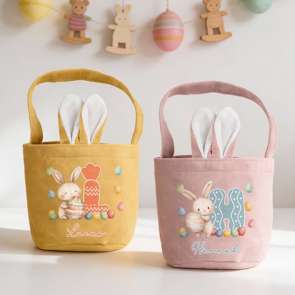 Personalised Multi-Colour Cute Bunny Easter Basket with Name and Initial Family Gathering Easter Gift for Boys Girls