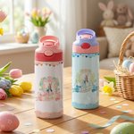 Personalized Cute Rabbit Easter Eggs Flower 12 oz Insulated Water Bottle with Straw and Spill-Proof Lid Easter Day Gift for Kids