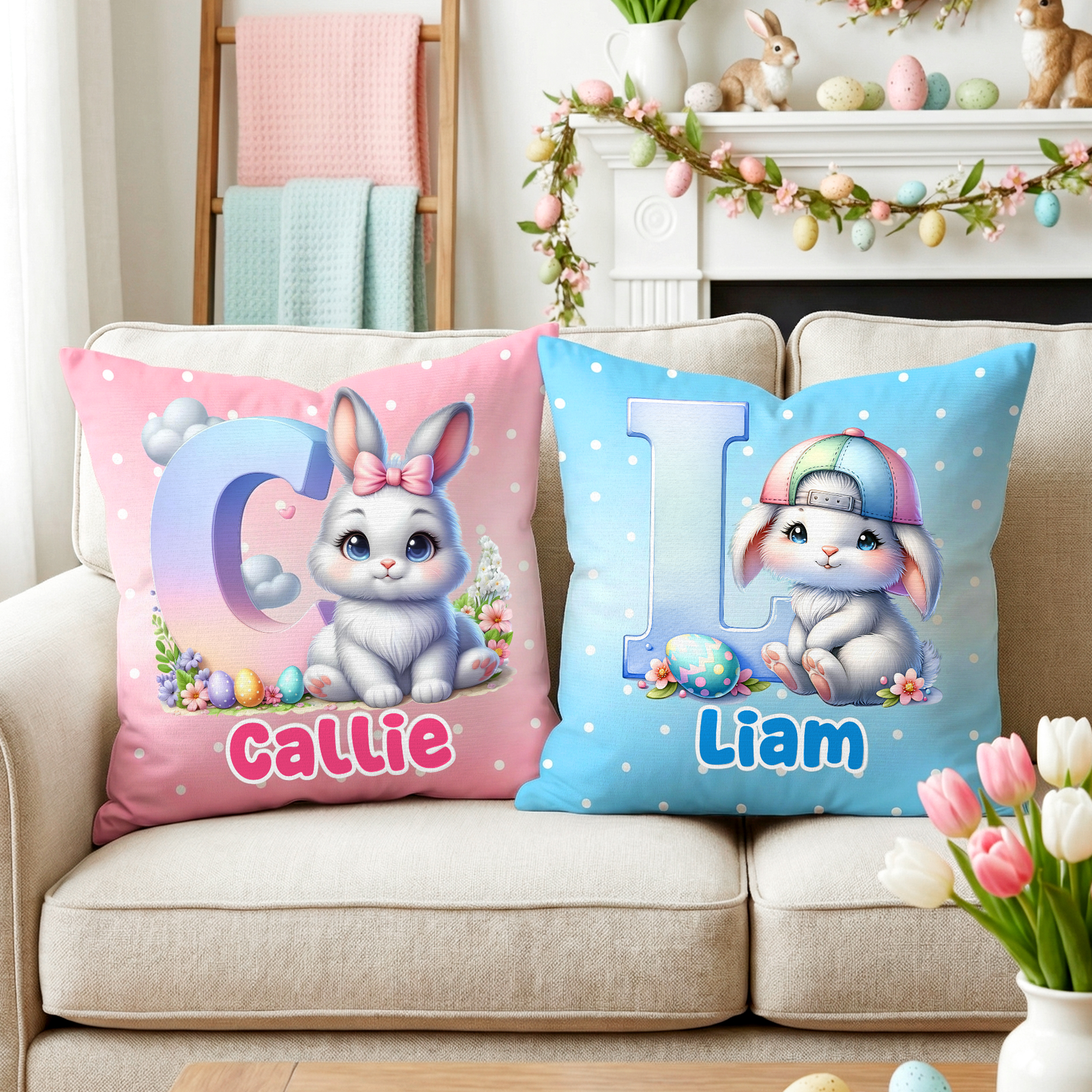 Oeuf de Pâques personnalisé Lapin Initial Housse de coussin avec nom Décoration de la maison Cadeau de Pâques pour la famille Les enfants