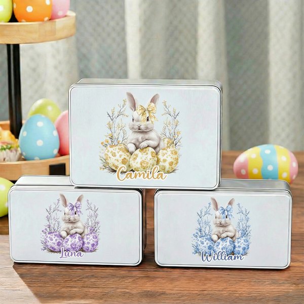 Personalized Watercolor Adorable Bunny Floral Food Grade Metal Biscuit Tin Storage Box with Name Perfect Easter Party Gift for Children