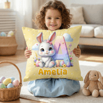 Personalised Cute Easter Eggs Rabbit Initial Cushion Cover with Name Home Decor Easter Gift for Family Kids