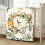 Personalised Cute Cartoon Jungle Animals Soft Throw Blanket with Name and Text Nusery Room Decor Birthday Baby Shower Gift for Kids