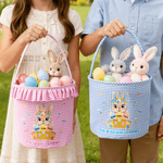 Personalised Cute Wreath Rabbit Plaid Easter Basket with 3-7 Names and Ruffles Eggs Hunting Party Easter Gift for Kids