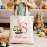 Personalized Cute Excavator Bunny Ears Easter Egg Canvas Tote Bag with Name Daily Use Easter Egg Hunt Gift for Boys Girls