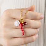 Collier personnalisé Cornicello Lucky Horn Charm Chili Pepper avec pierre de naissance et initiale Anniversary Birthday Gift for Italian Women Men