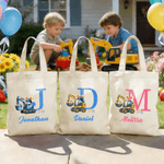 Personalized Cute Excavator Bunny Ears Easter Egg Canvas Tote Bag with Name Daily Use Easter Egg Hunt Gift for Boys Girls